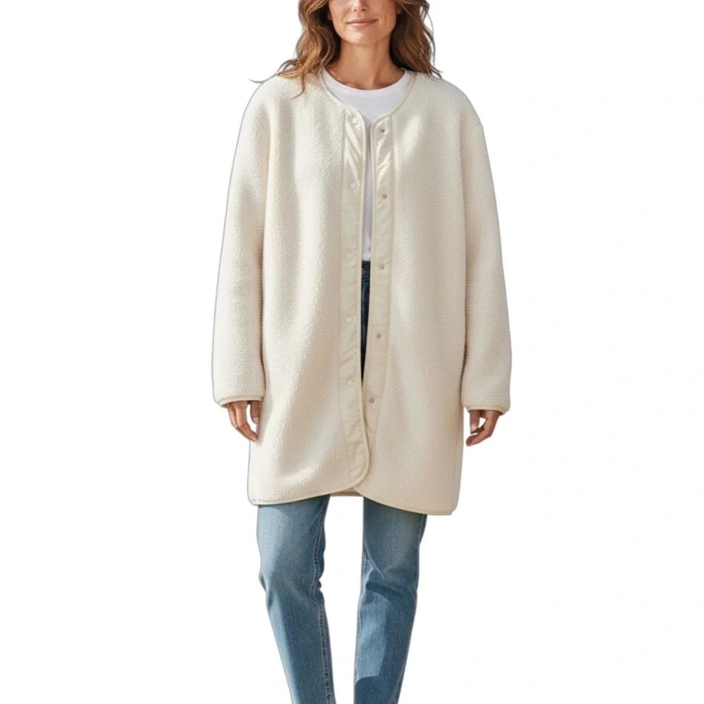 Plush textured jacket Sherpa fleece liner cozy Crewneck liner  w/ snap closure M - Picture 7 of 7